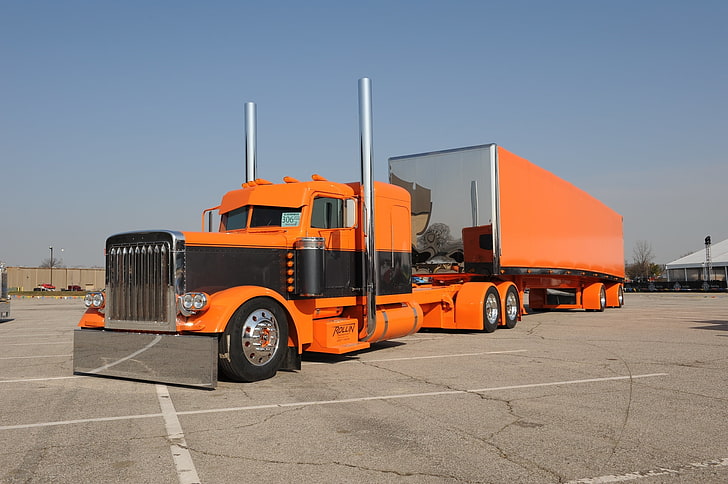 HD wallpaper: orange freight truck, custom, peterbilt, transportation ...