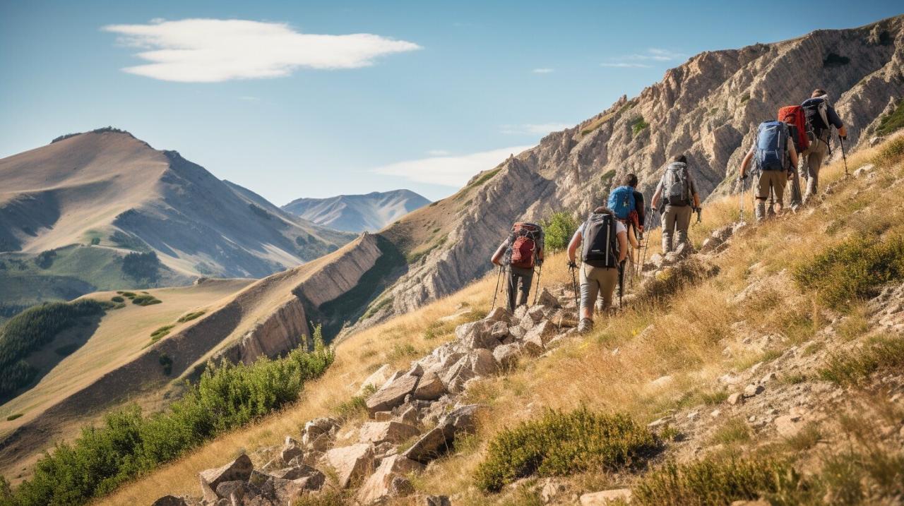 Niños caminando en las montañas de los alpes. los niños miran la ...